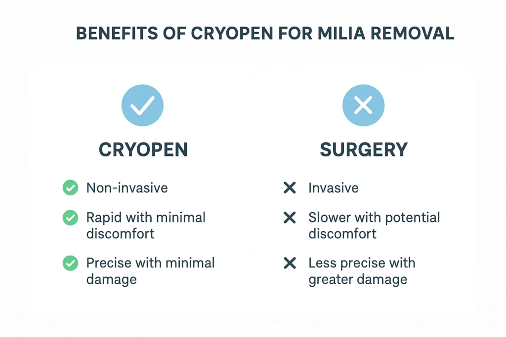 Benefits of cryopen for milia removal Greater London (Tower Hamlets) compared to surgical treatments.