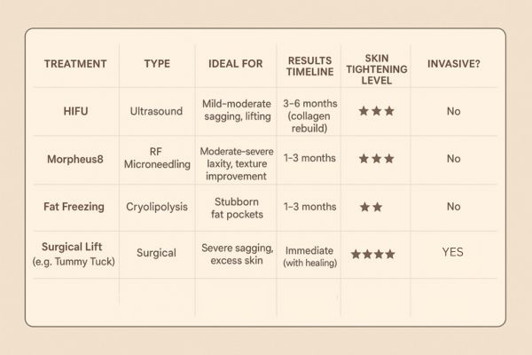 Table showing the comparisons of Skin tightening Greater London (Tower Hamlets) treatment options.